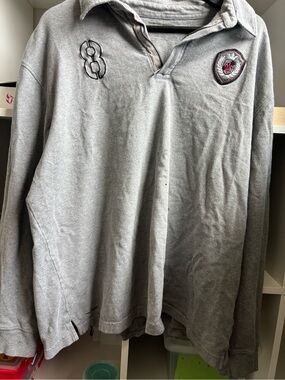 Gray Long Sleeve Rugby Polo with Embroidered Crest
